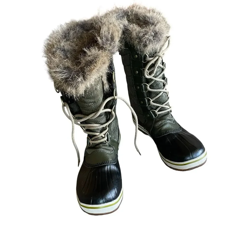 SOREL Size 4/EU 35 Green Lace-Up Faux Fur Waterproof Duck Boots Youth LY1890-213